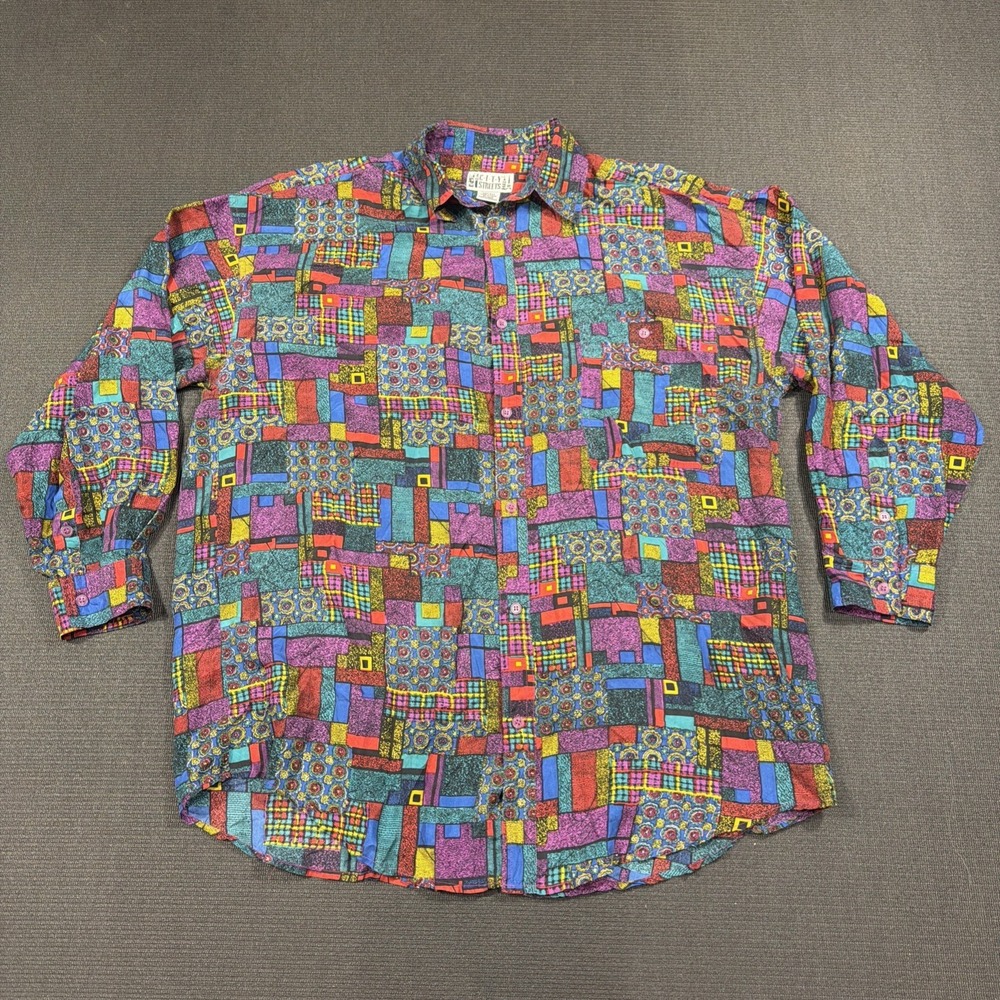 Vintage 90s City Streets 100% Silk Shirt Men's M Abstract Print Button Front